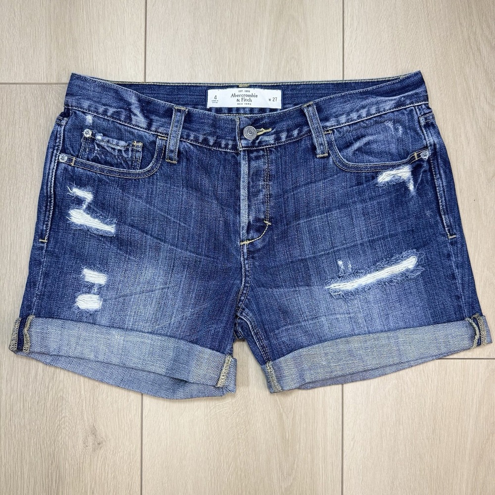 Abercrombie Fitch Womens Denim Shorts 4 W27 Distressed‎ Cuffed Low Rise Blue